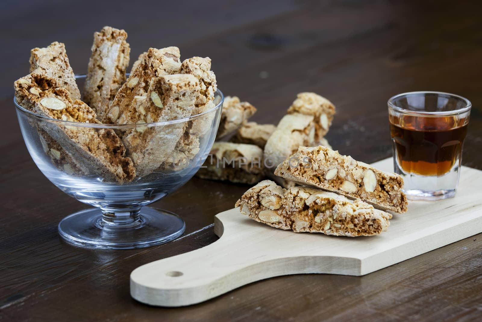 Cantucci, a tipical tuscan biscuits on a wooden table