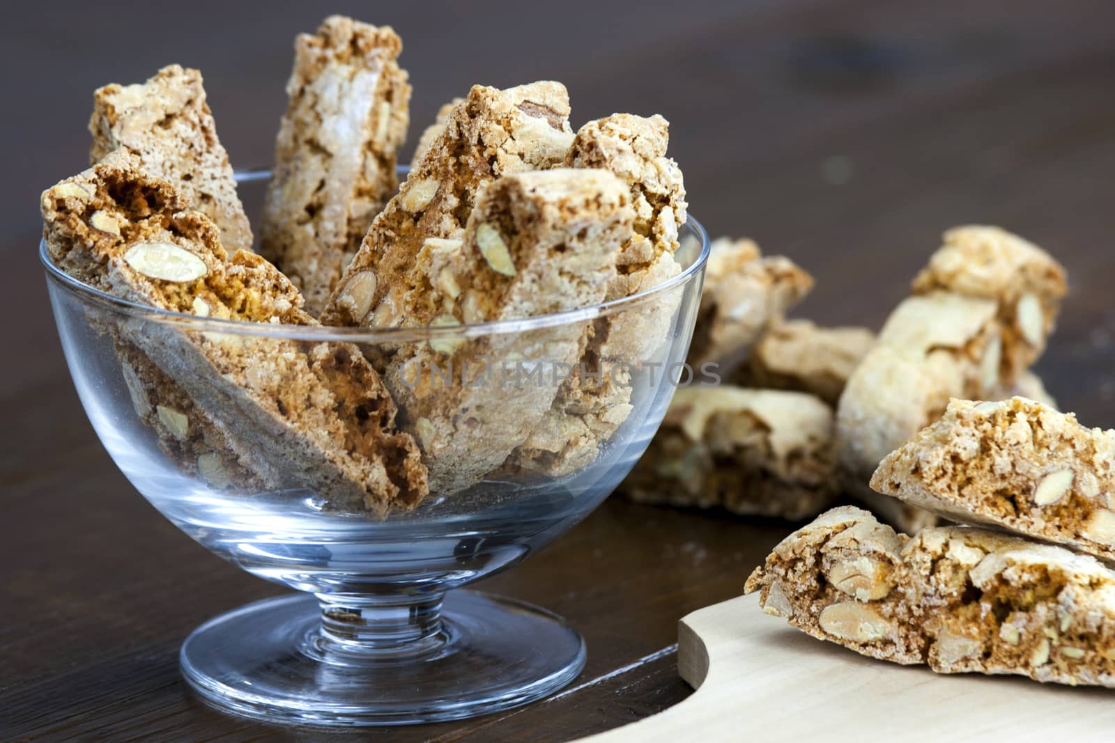 Cantucci, a tipical tuscan biscuits on a wooden table