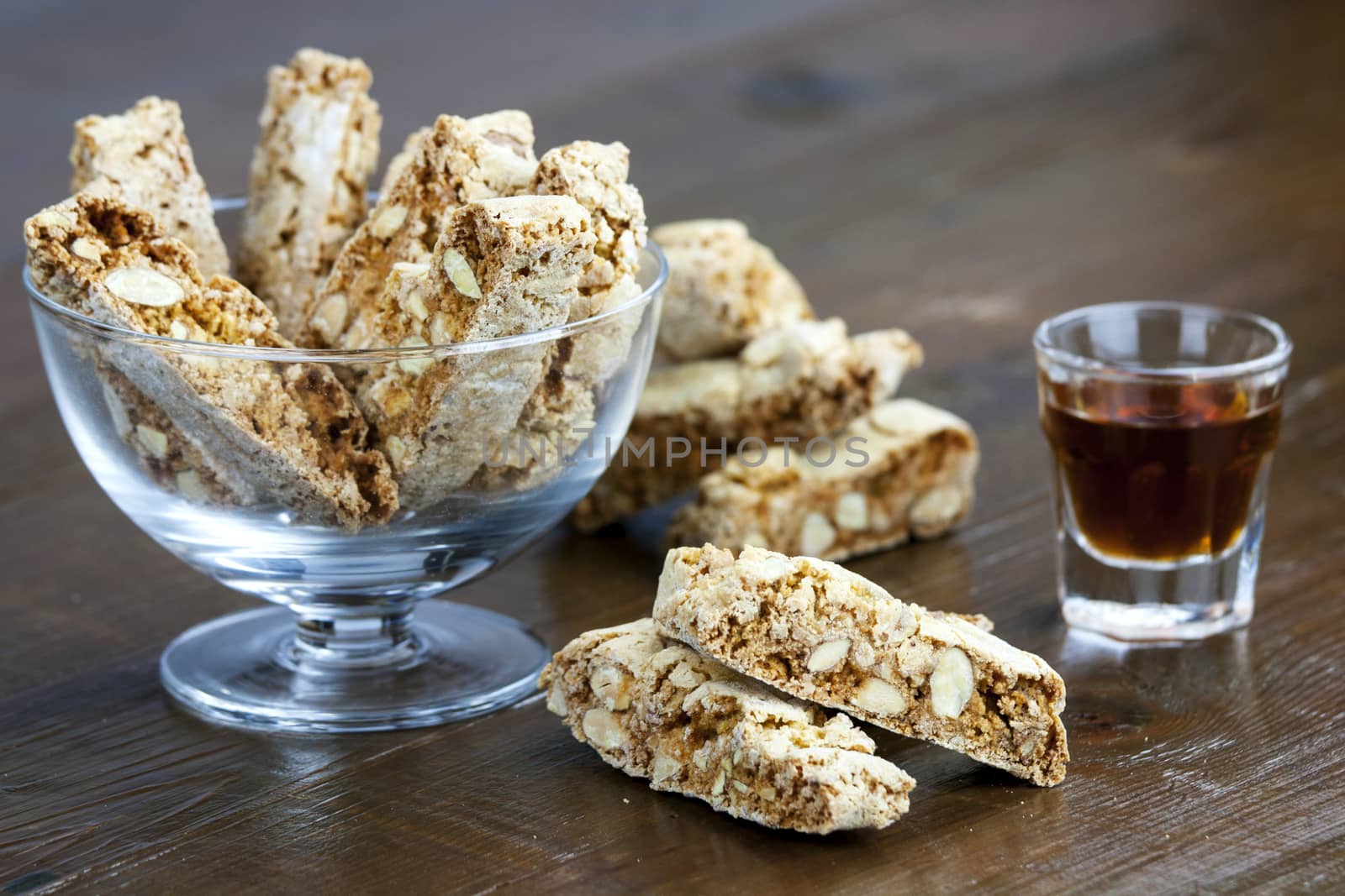 Cantucci, a tipical tuscan biscuits on a wooden table