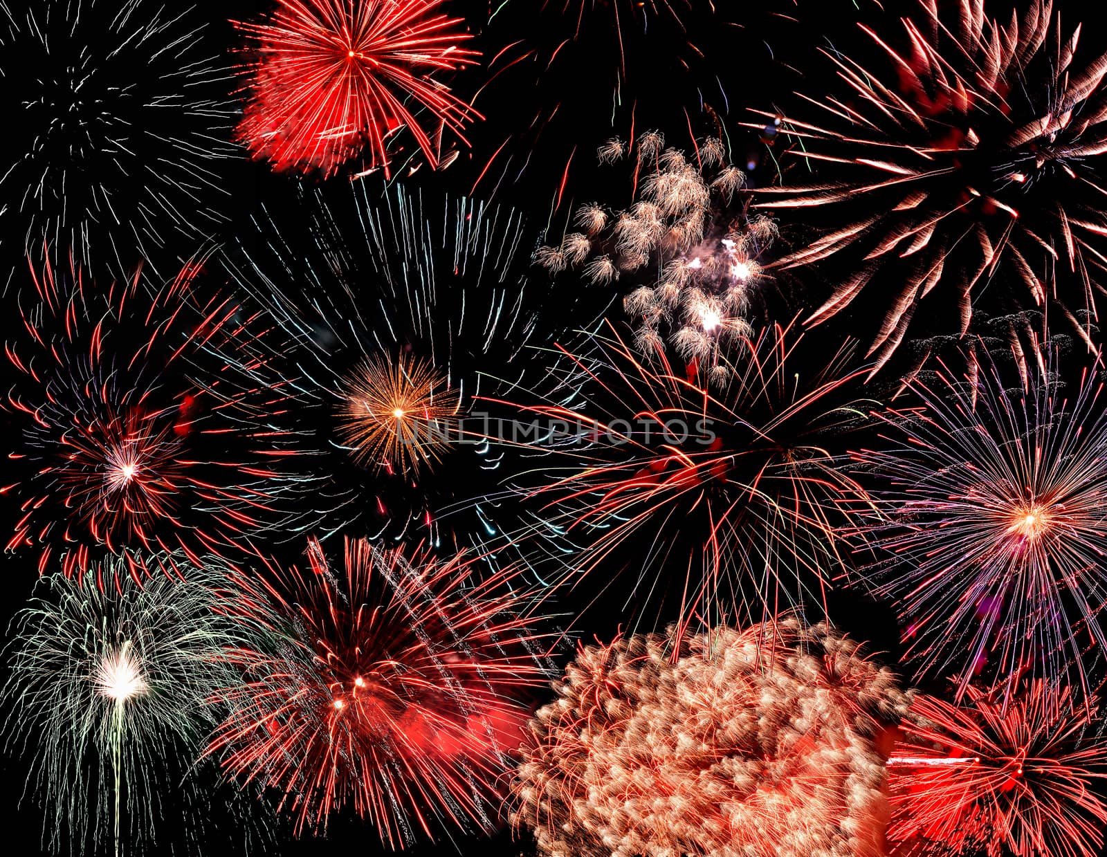 Montage of several New Year's fireworks in the night sky
