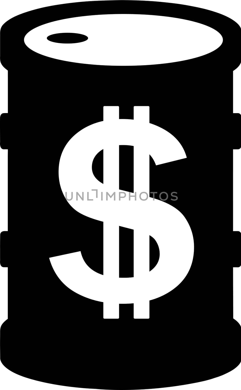 A black petrol barrel is marked with the universal sign of money.