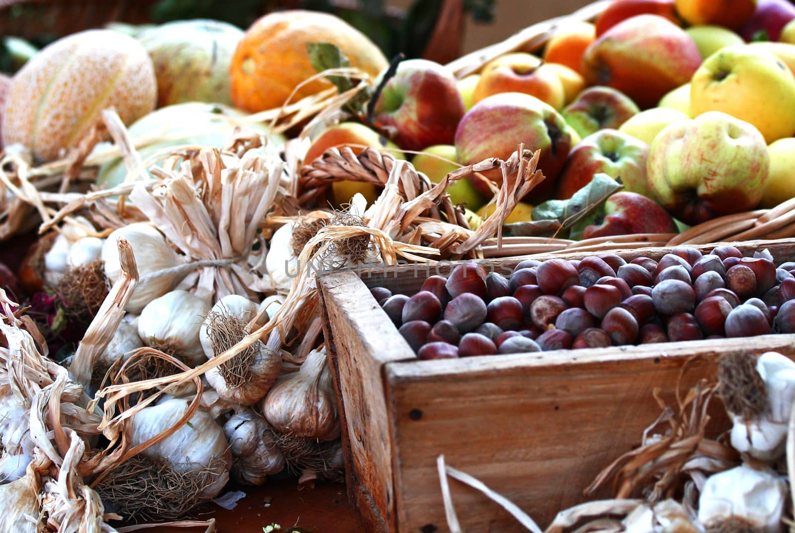 Hazelnuts, apples, garlic and melon