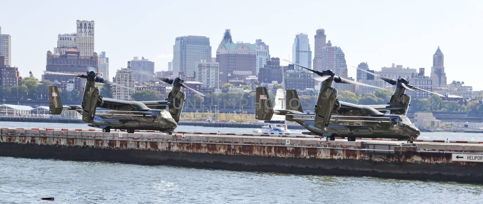 New York City, USA-September 5, 2014: MV-22 Osprey. Marine Helicopter Squadron One (HMX-1), is a squadron responsible for the transportation of the President of the United States, Vice President, Cabinet members and other VIPs. Taken at Manhattan heliport.