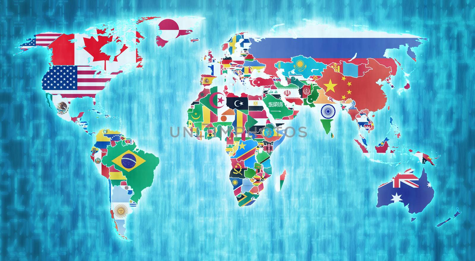 national flags on blue digital world map with actual national borders