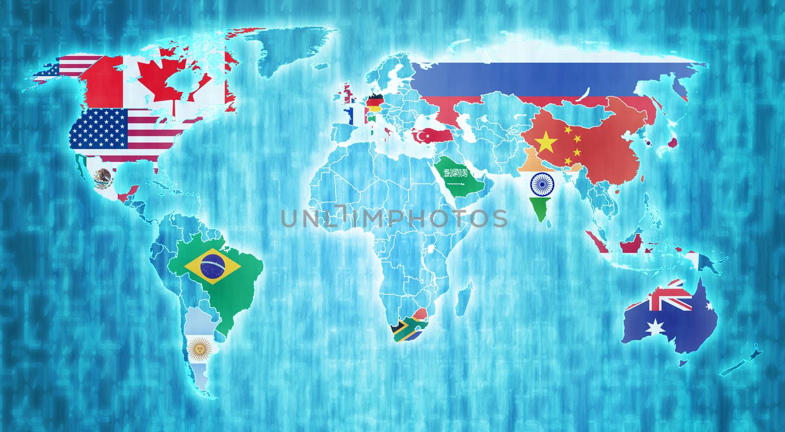 group of twenty country flags on blue digital world map with actual national borders