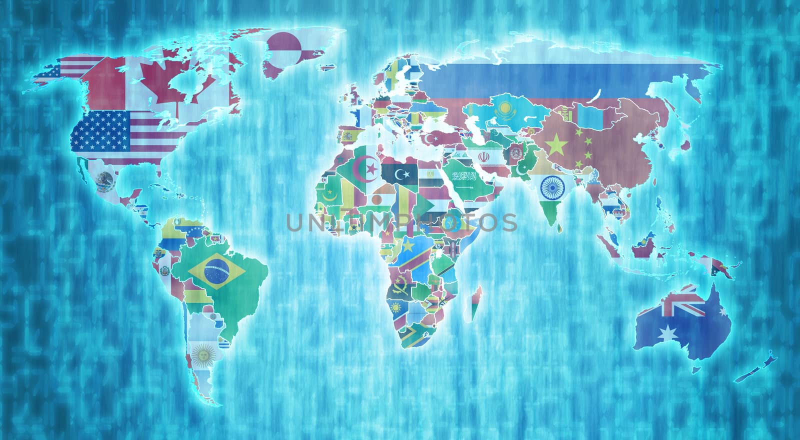 national flags on blue digital world map with actual national borders