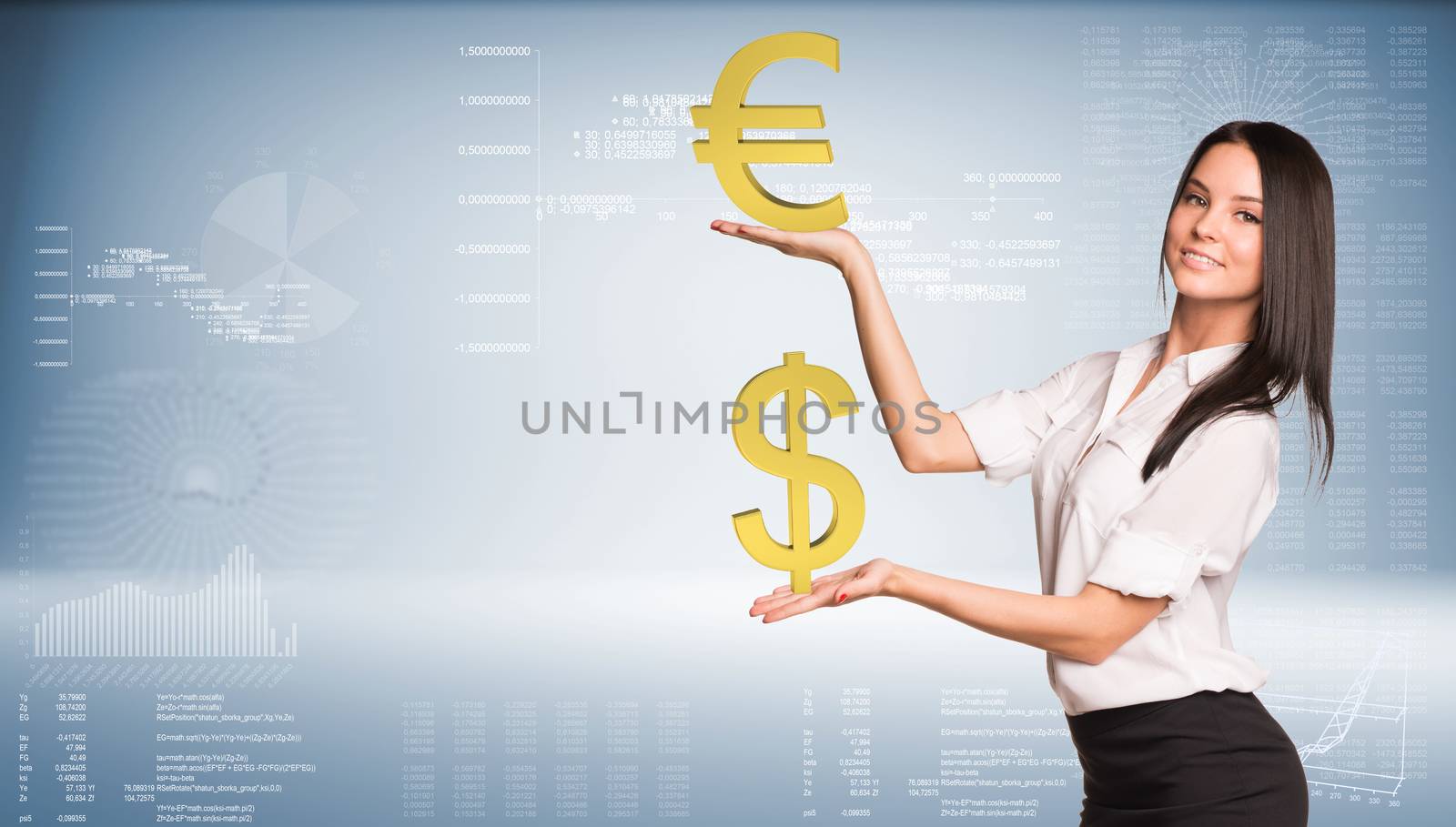 Smiling businesswoman in white shirt and black skirt holding dollar and euro signs. Graphs and texts as backdrop