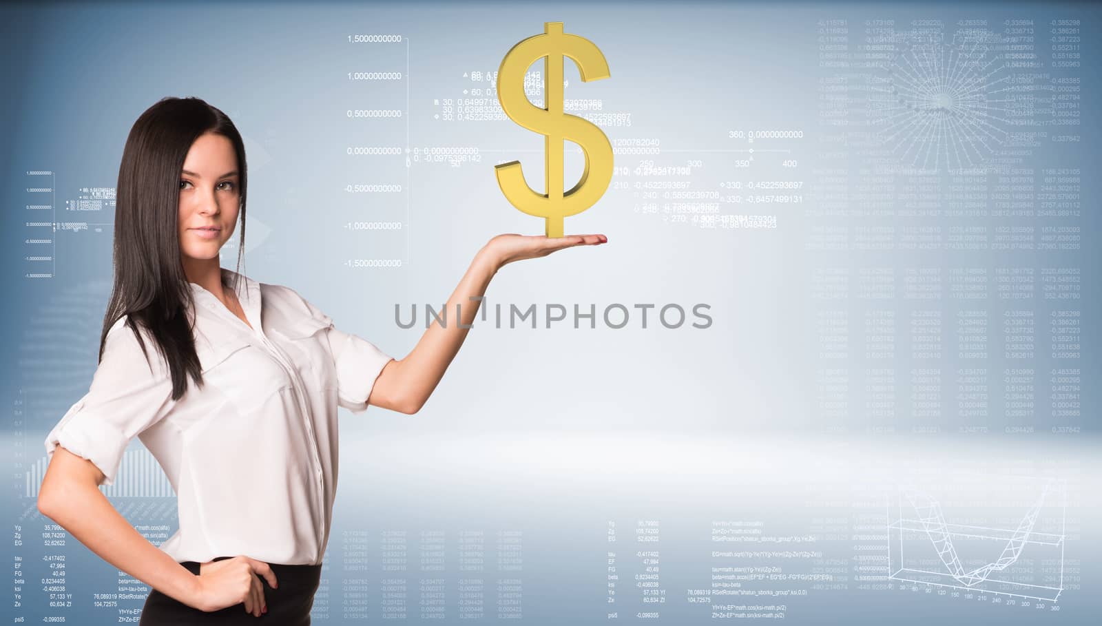 Beautiful businesswoman in white shirt and black skirt holding dollar sign. Graphs and texts as backdrop