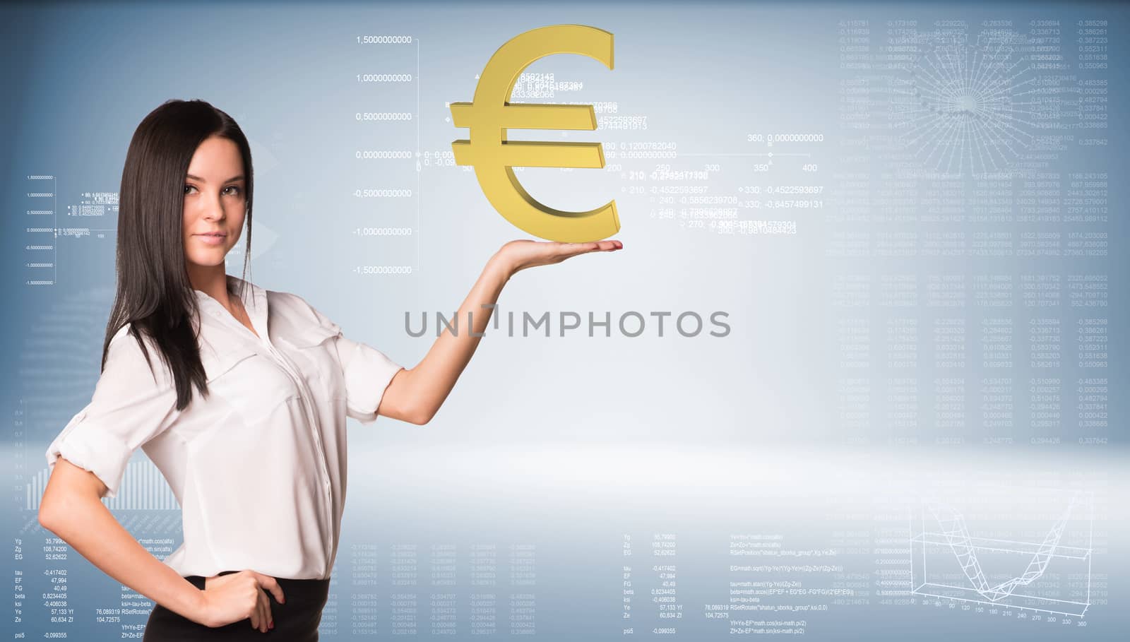 Beautiful businesswoman in white shirt and black skirt holding euro sign. Graphs and texts as backdrop