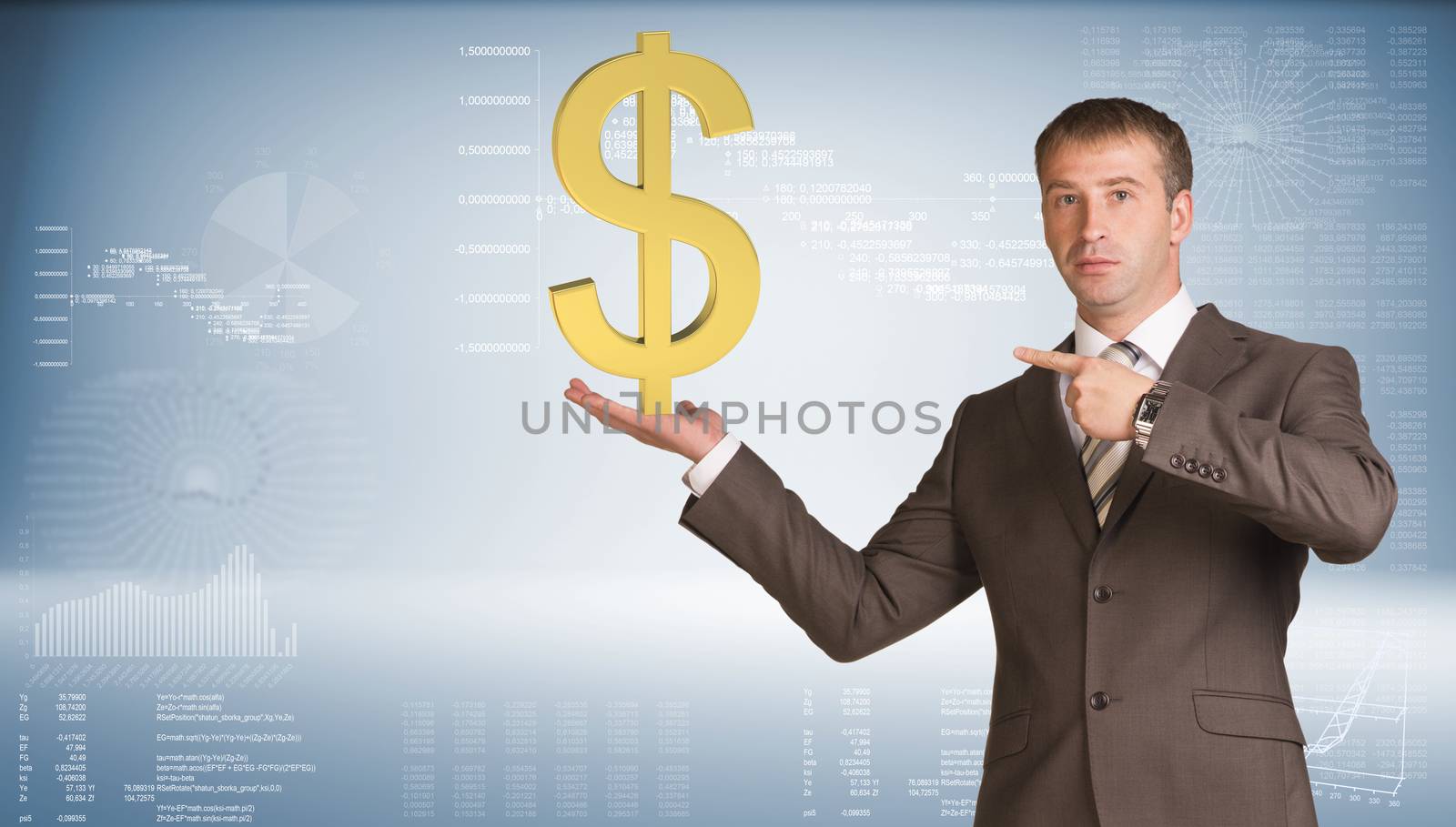 Businessman in suit holding dollar sign. Graphs and texts as backdrop