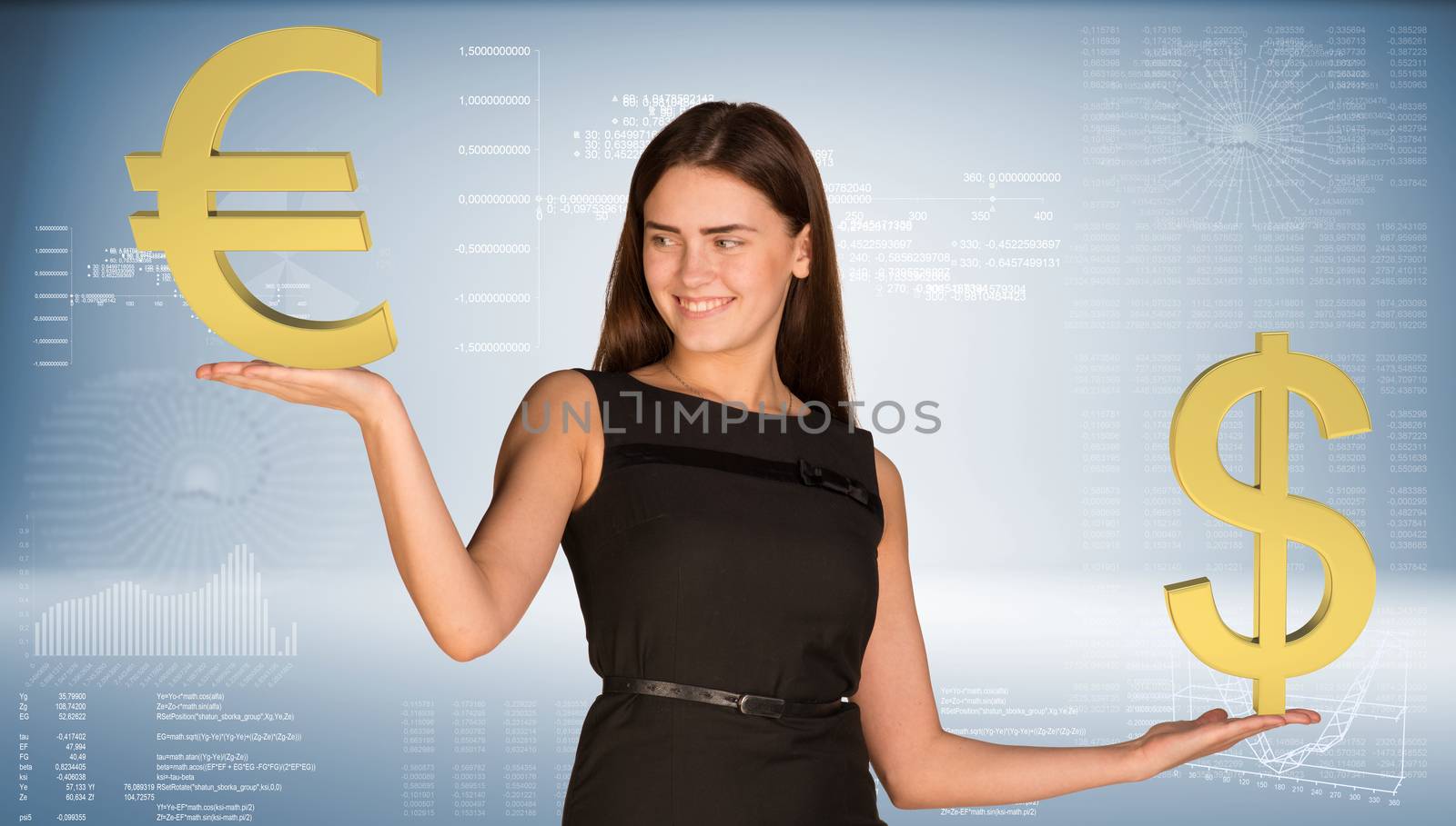 Smiling businesswoman in black dress holding dollar and euro signs. Graphs and texts as backdrop