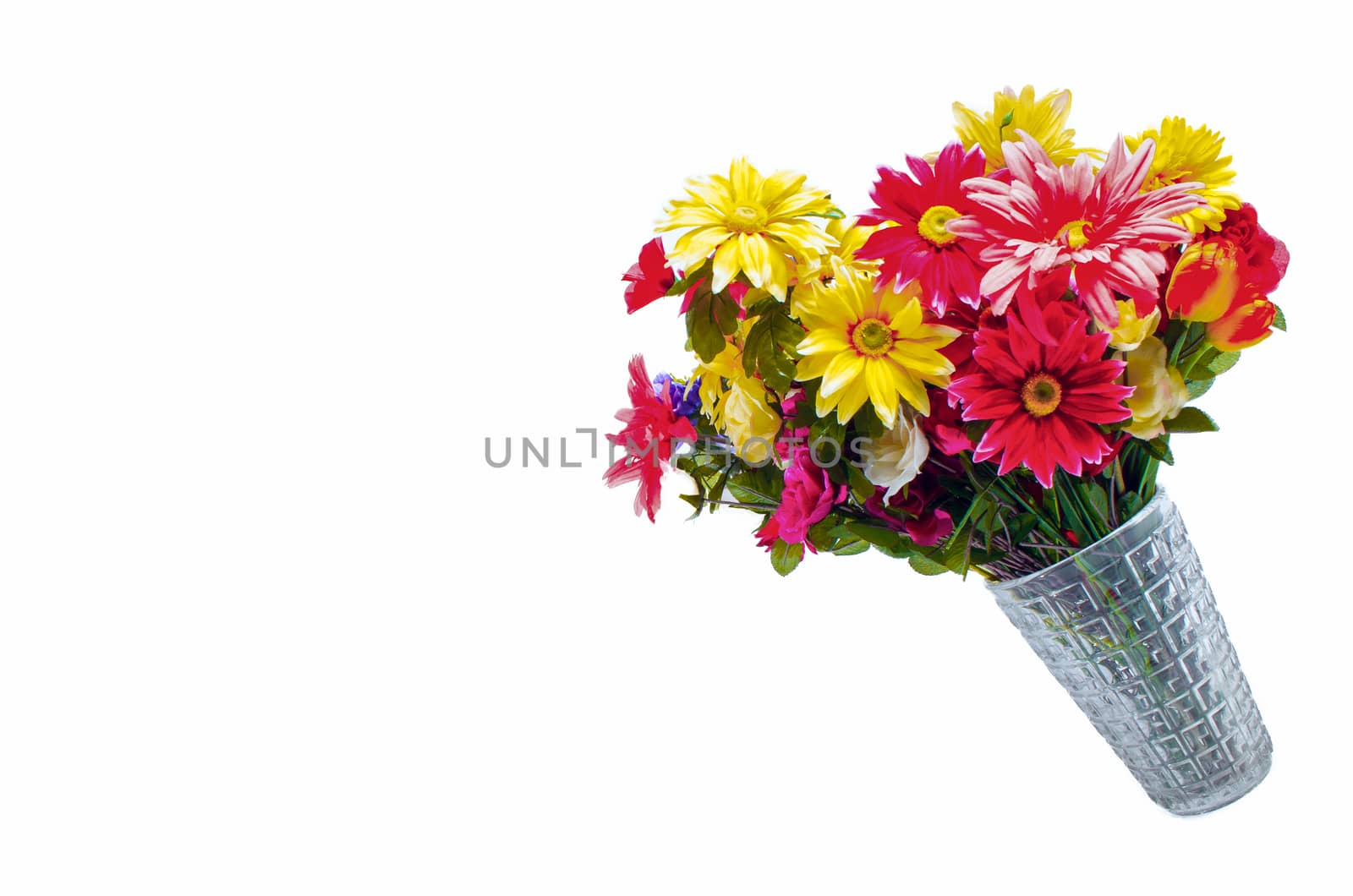 vase with colorful flowers fall over