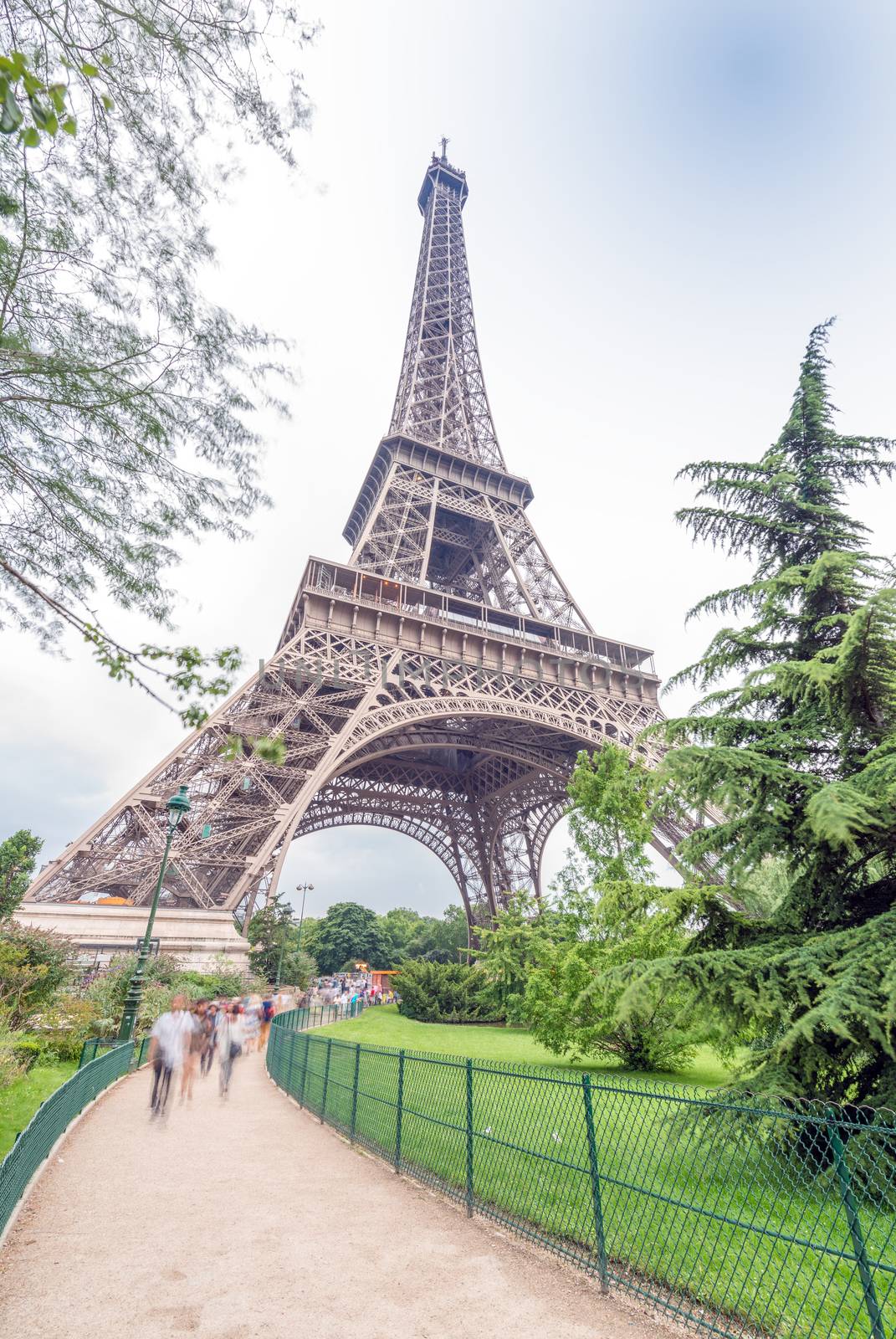 View of Eiffel Tower from surrounding gardens - Paris.