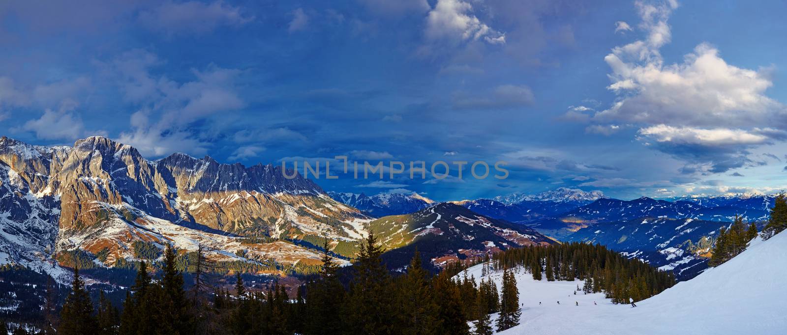 Fantastic winter landscape in the Alps, Austria. Horizontal panorama