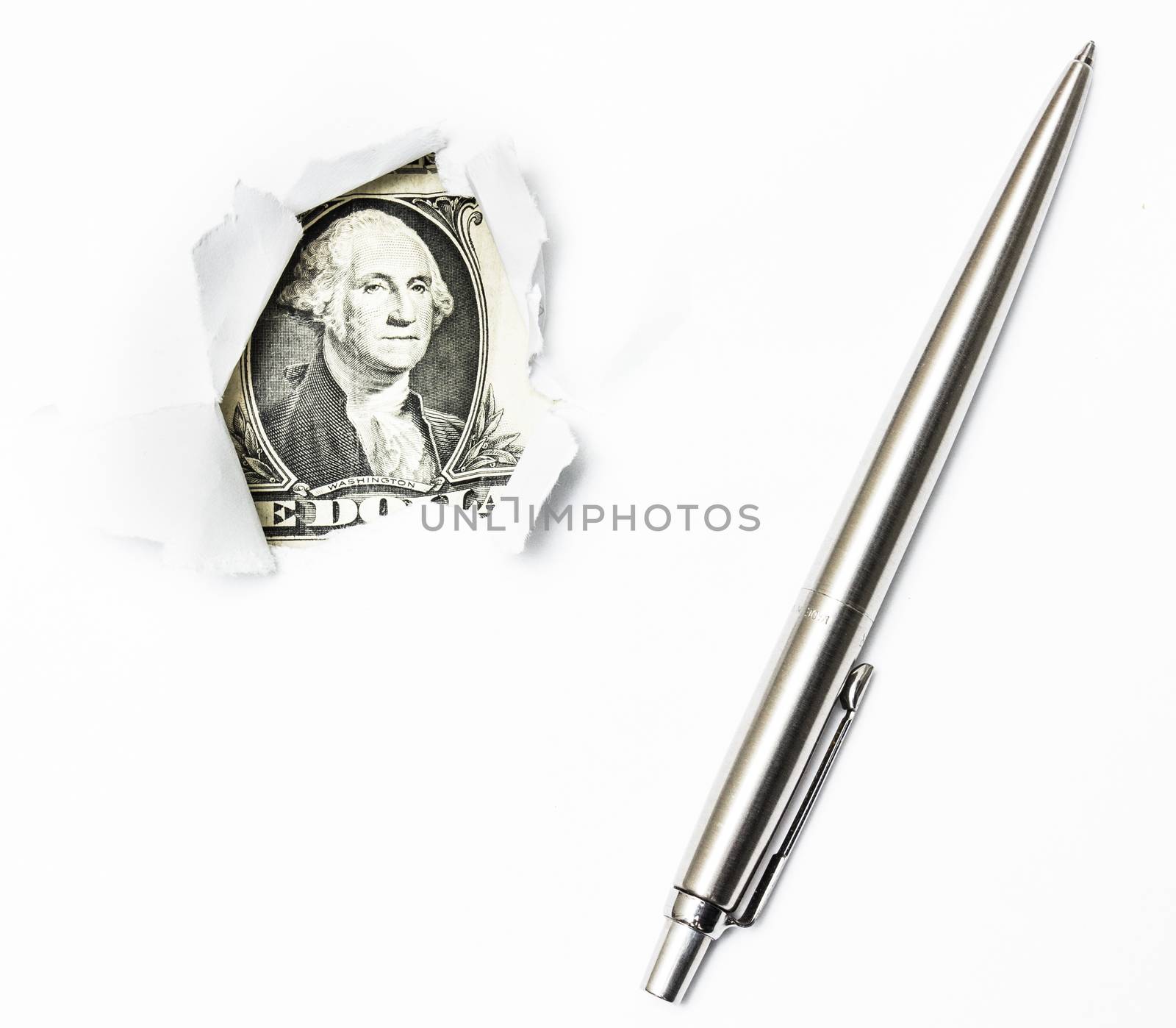 A dollar bill trying to break out from a white paper with a pen