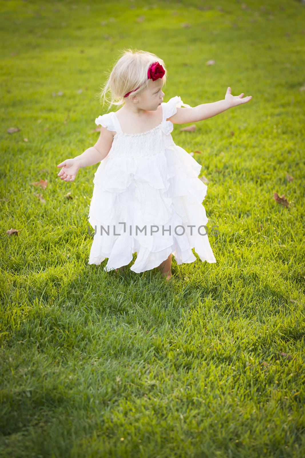 Beautiful Adorable Little Girl Wearing White Dress In A Grass Field.