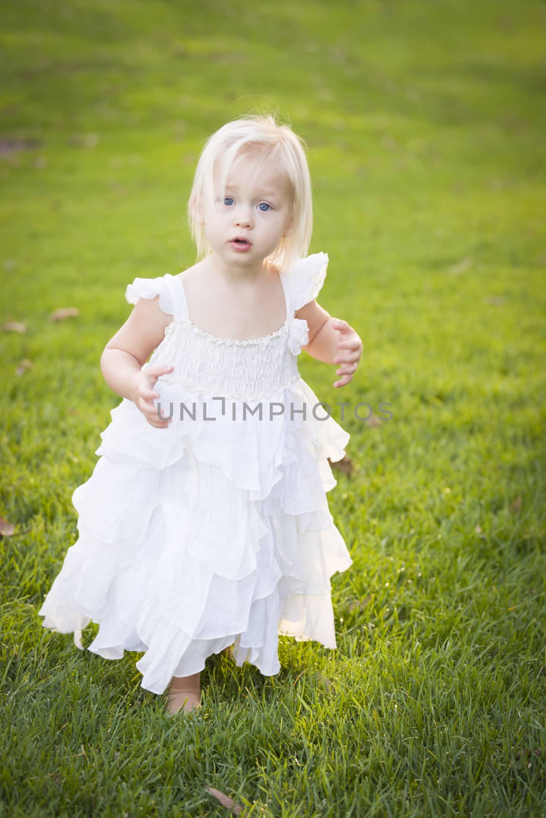 Beautiful Adorable Little Girl Wearing White Dress In A Grass Field.