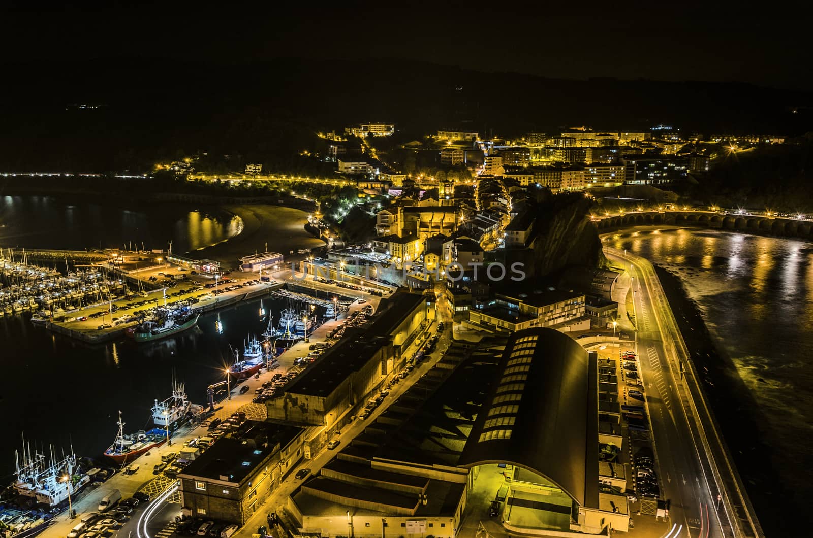 Beautiful night cityscape over the Getaria city in Spain