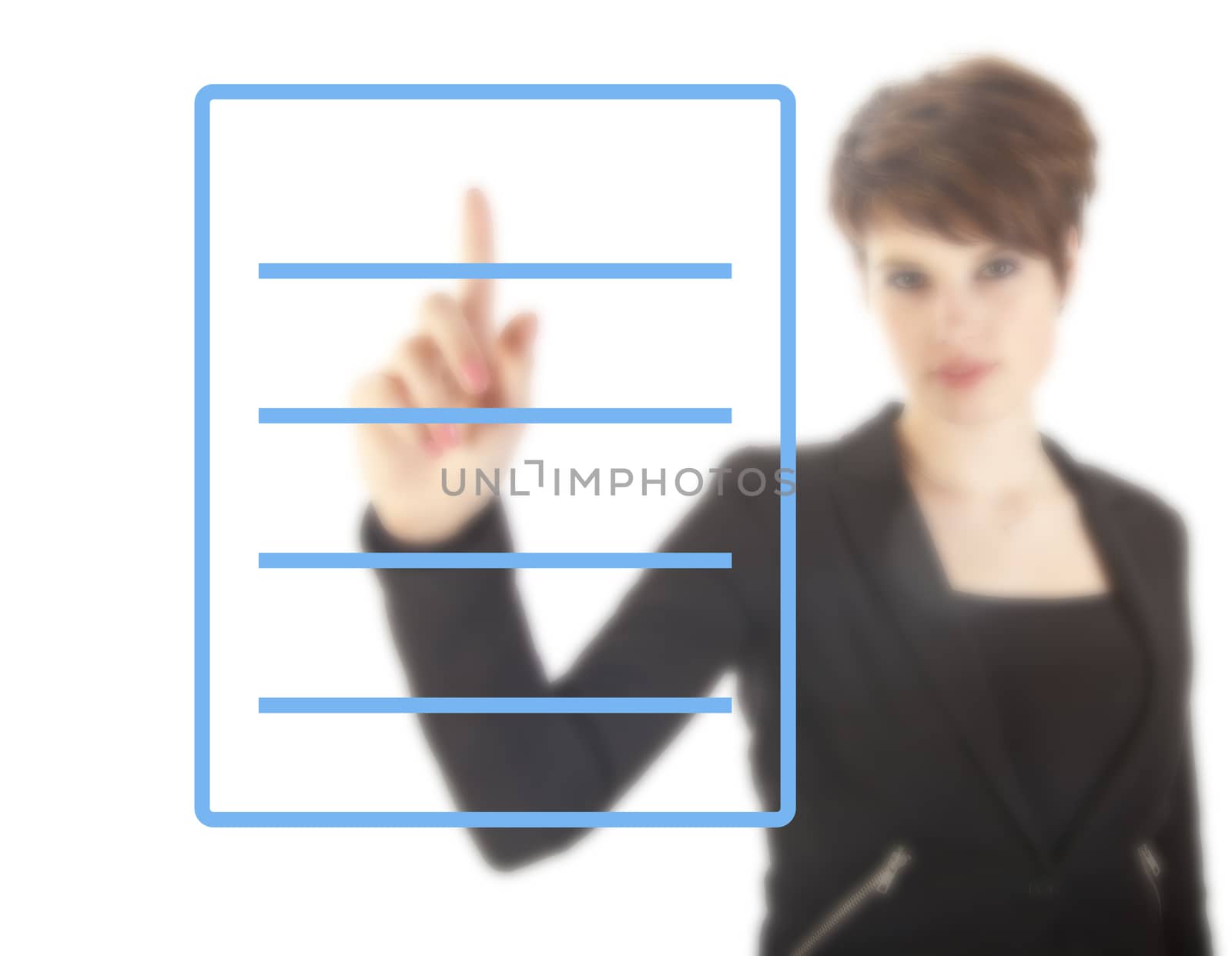 Young woman with blue checklist isolated on white background