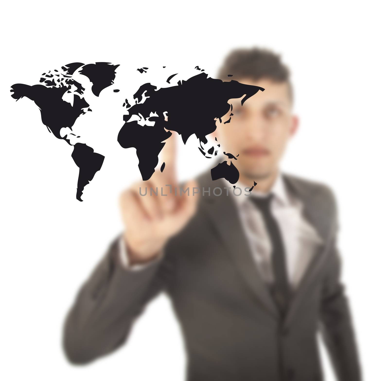 Young man with black world map isolated on white background