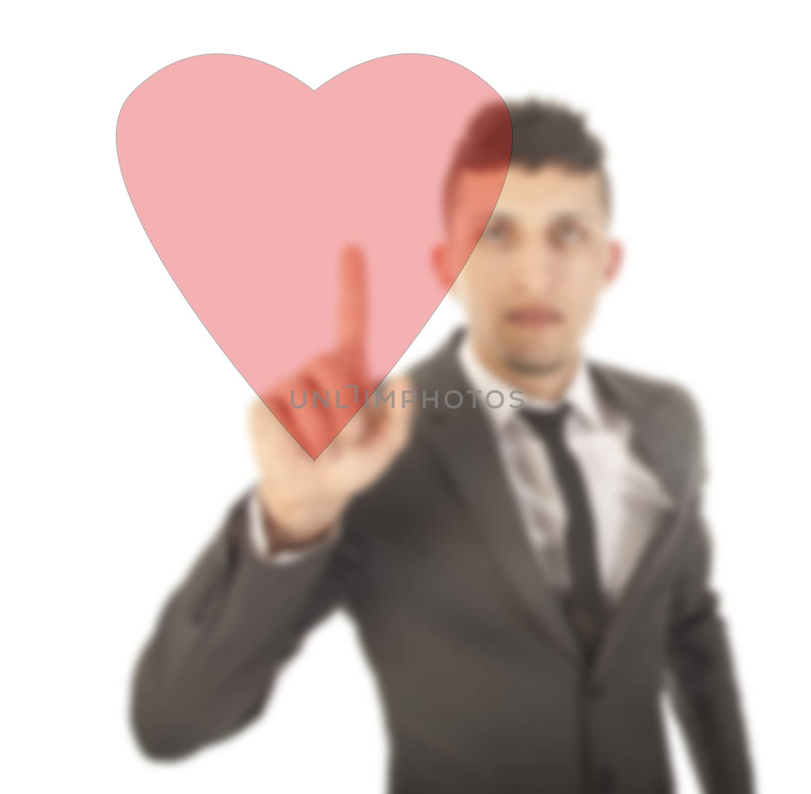 Young man with red heart isolated on white background