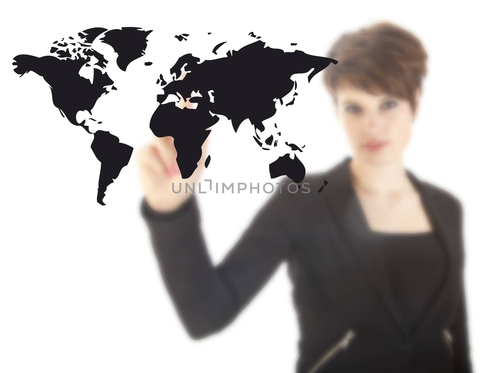 Young woman with black world map isolated on white background by gigra
