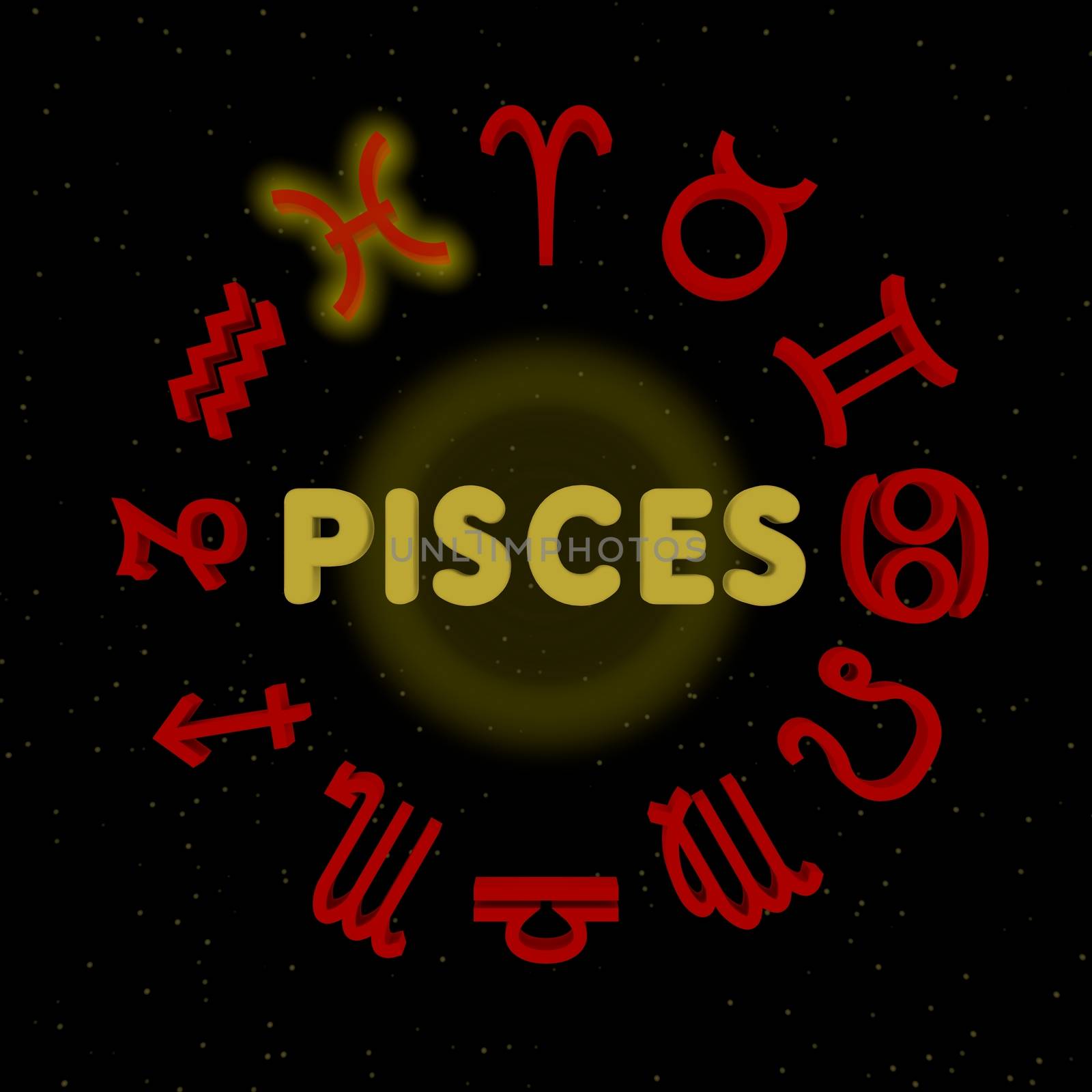 3d zodiac signs with PISCES highlighted
