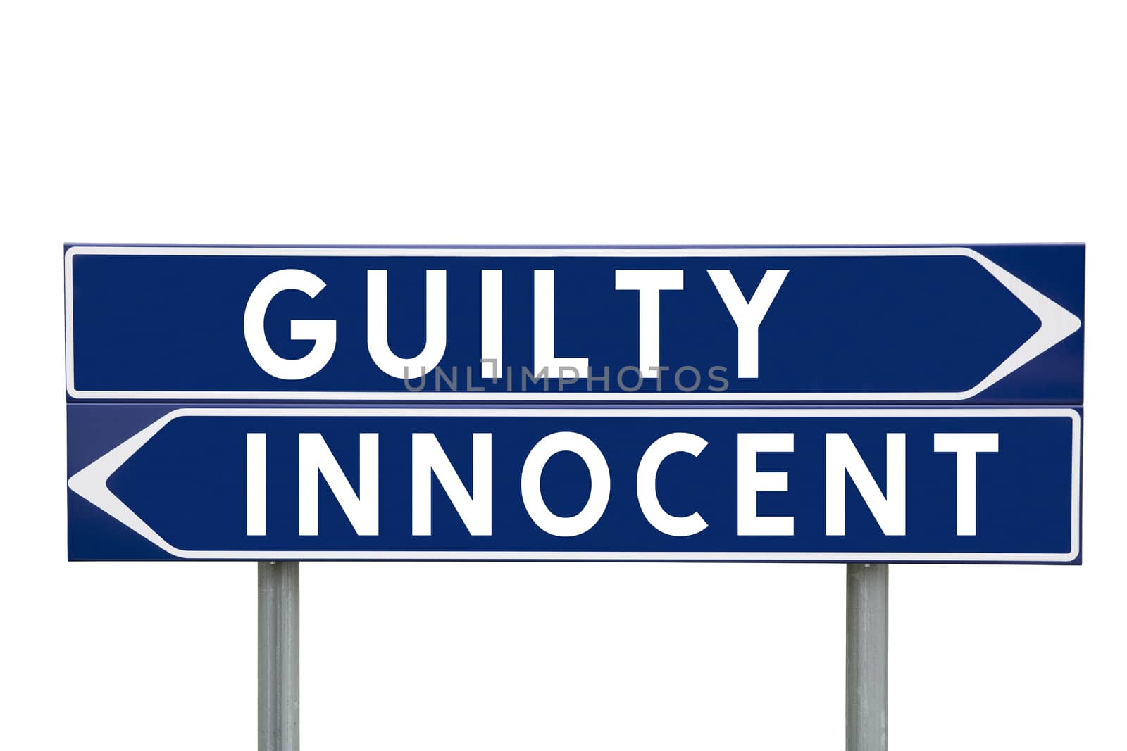 Blue Direction Signs with choice between Guilty or Innocent isolated on white background