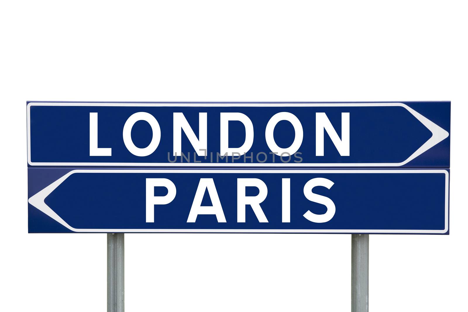 Blue Direction Signs with choice between London or Paris isolated on white background