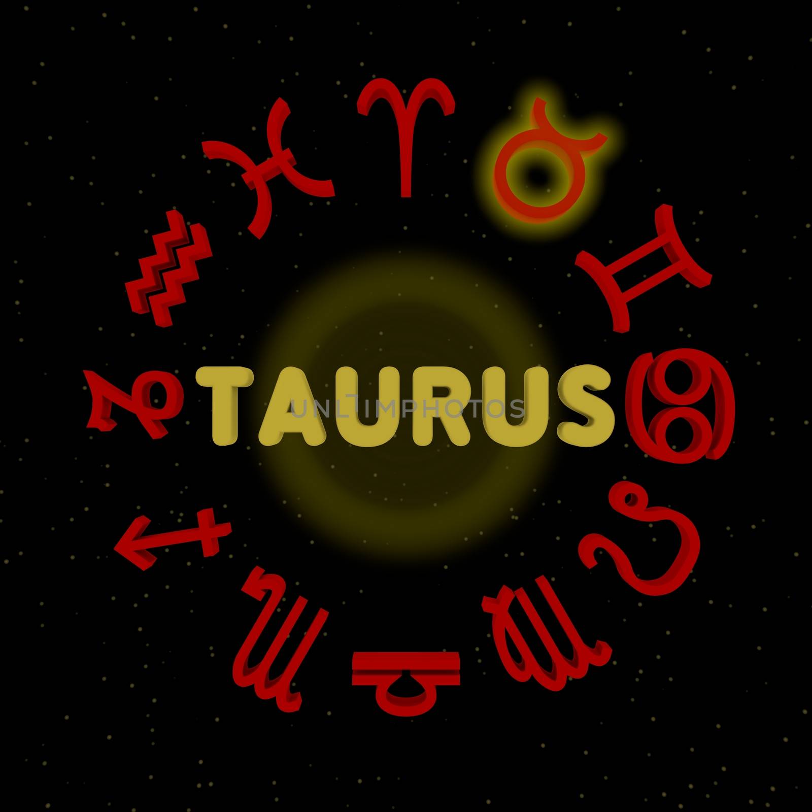 3d zodiac signs with TAURUS highlighted