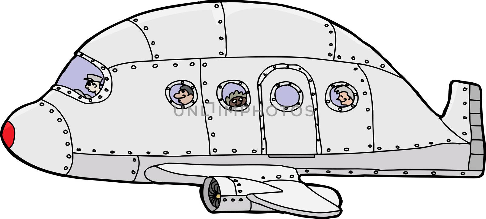 Single hand drawn passenger plane with pilot and passengers