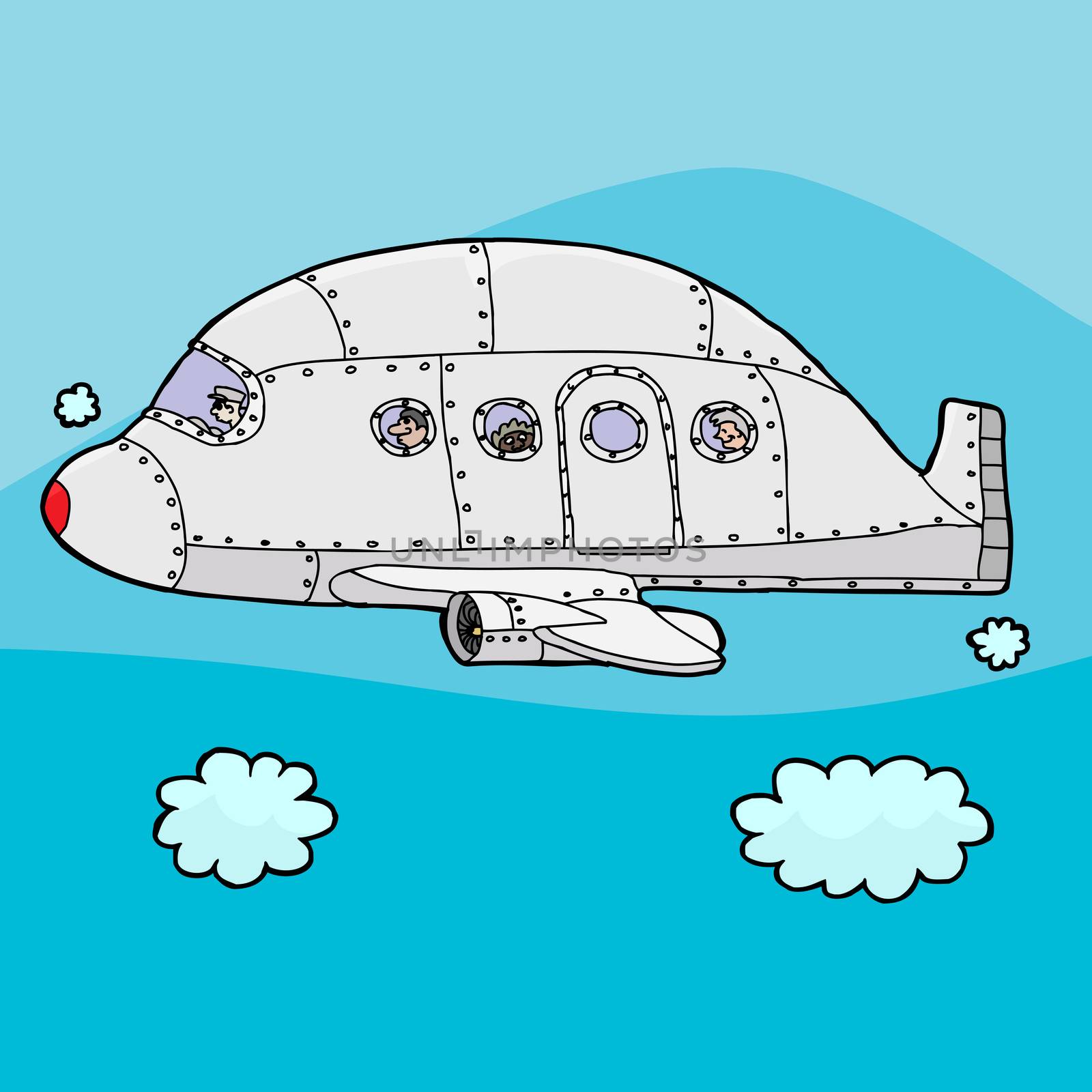 Cartoon airplane with passengers inside above the clouds