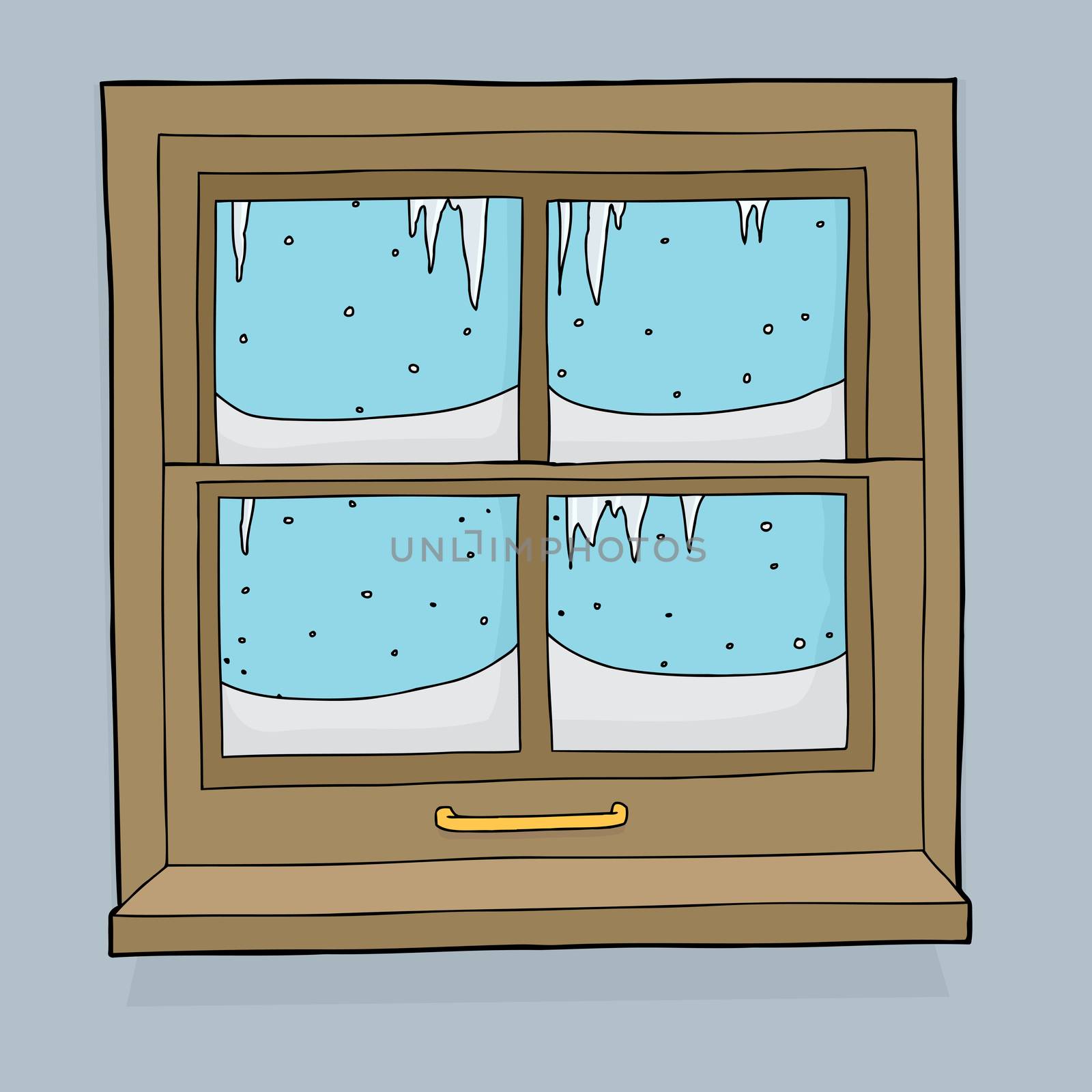 Cartoon snow and ice forming on window