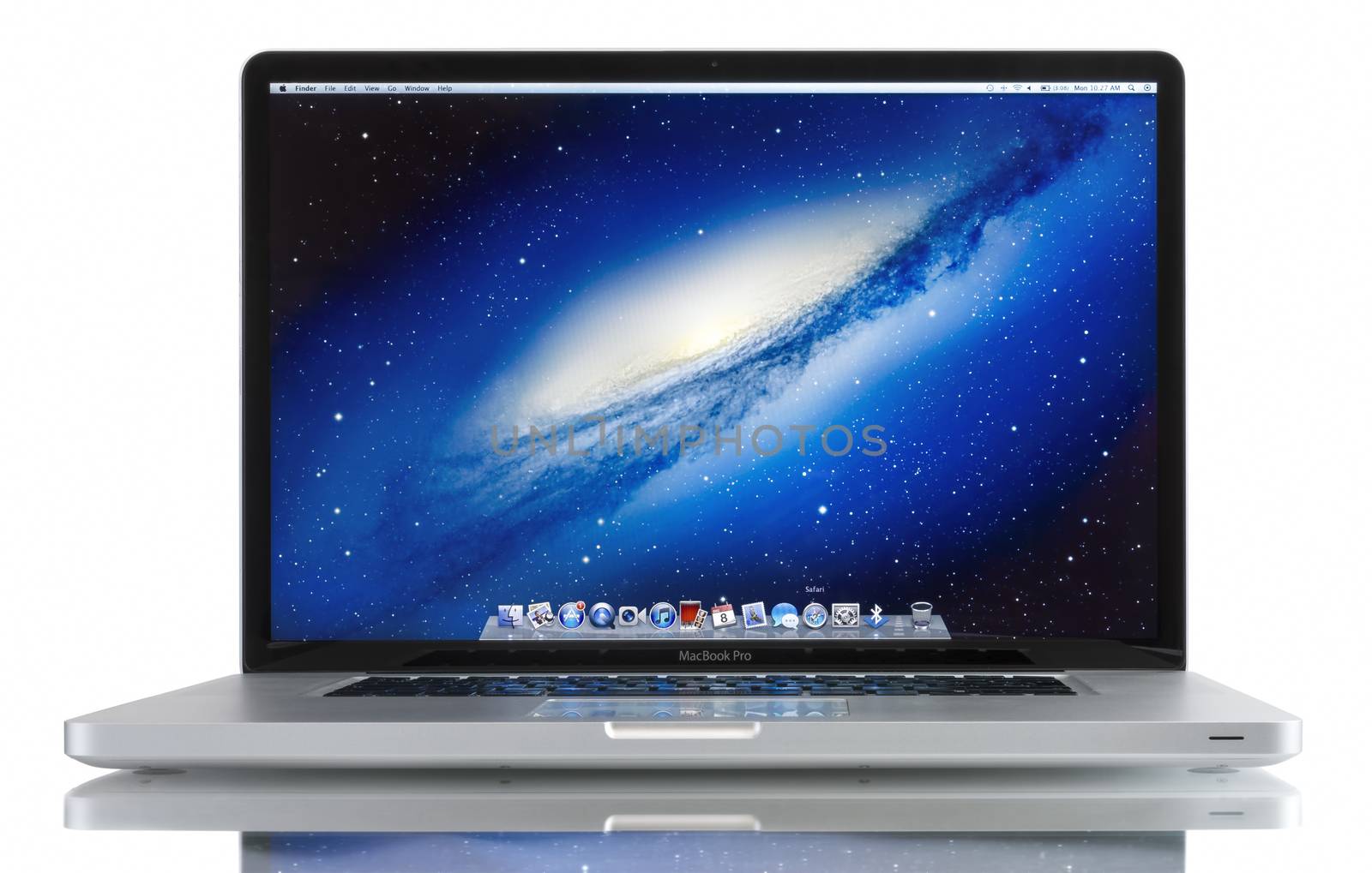 Galati, Romania - December 08, 2014: Studio shot of brand new Apple MacBook Pro laptop computer by Apple Inc. on a white background. This MacBook Pro has a 17-inch antiglare widescreen display and is running the OS X Snow Leopard 10.6.3 operating system.
