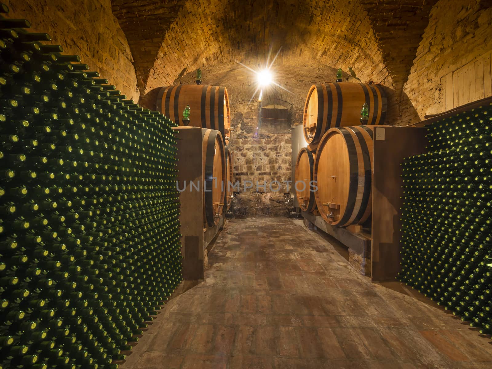 Wine bottles and barrels in a Tuscan winery cellar