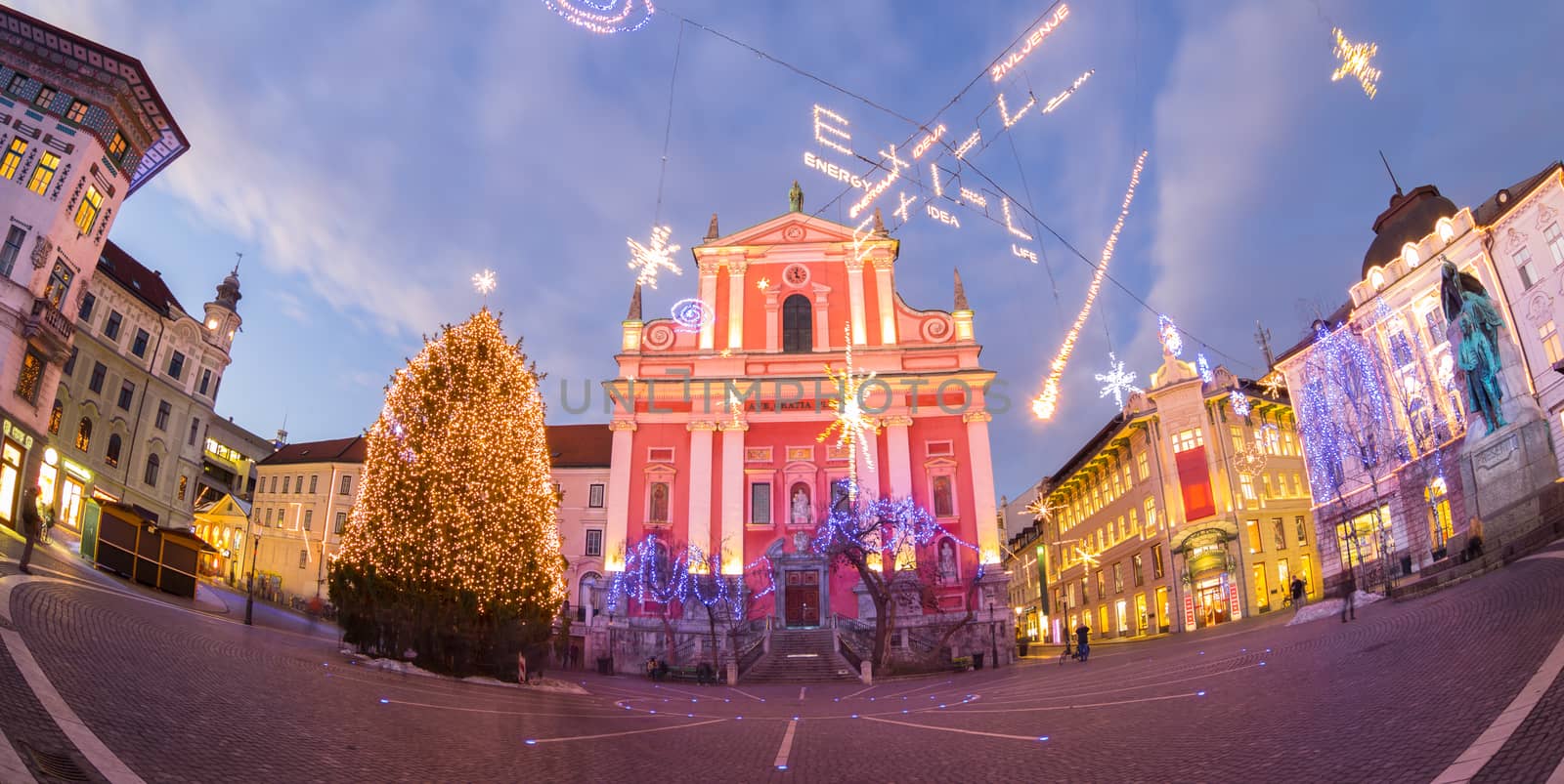 Romantic Ljubljana's city center decorated for Christmas holidays. Preseren's square, Ljubljana, Slovenia, Europe. Fish eye view of the whole square.