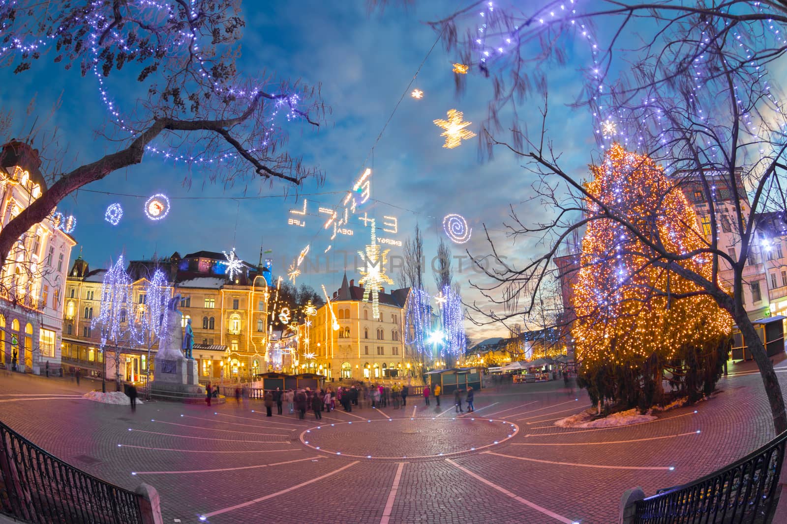 Romantic Ljubljana's city center decorated for Christmas holidays. Preseren's square, Ljubljana, Slovenia, Europe. 
