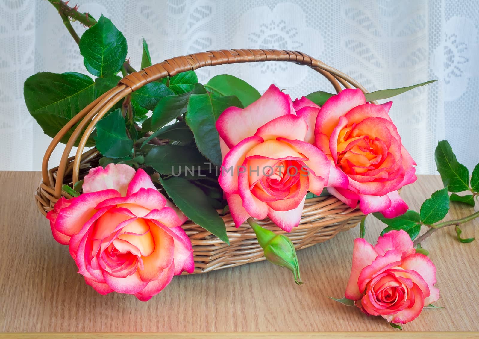 Wicker basket with a beautiful bright roses on the table surface.