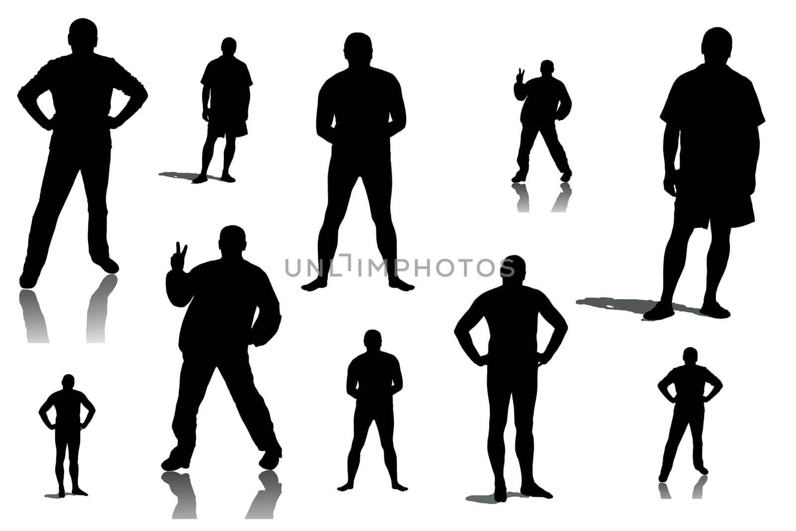 Collage of silhouettes of men in various poses, isolated on white background.