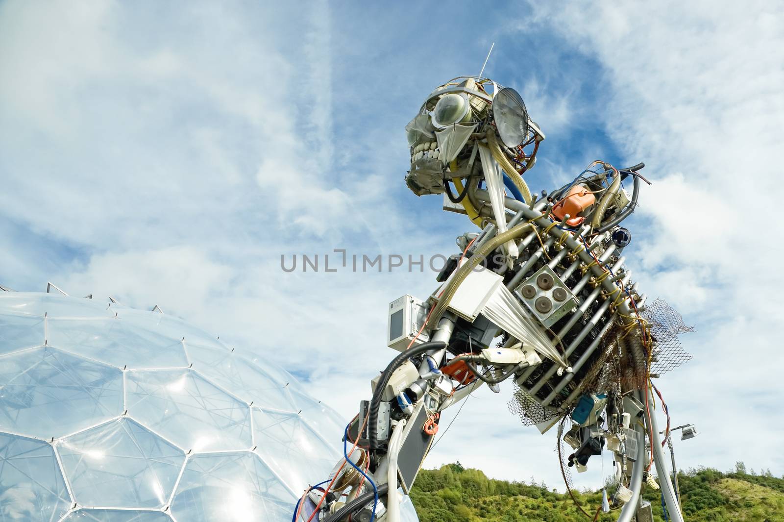 St Austell, UK - 15 September, 2011: The WEEE Man, the waste electrical and electronic equipment robot sculpture on display at the Eden Project in St Austell, UK