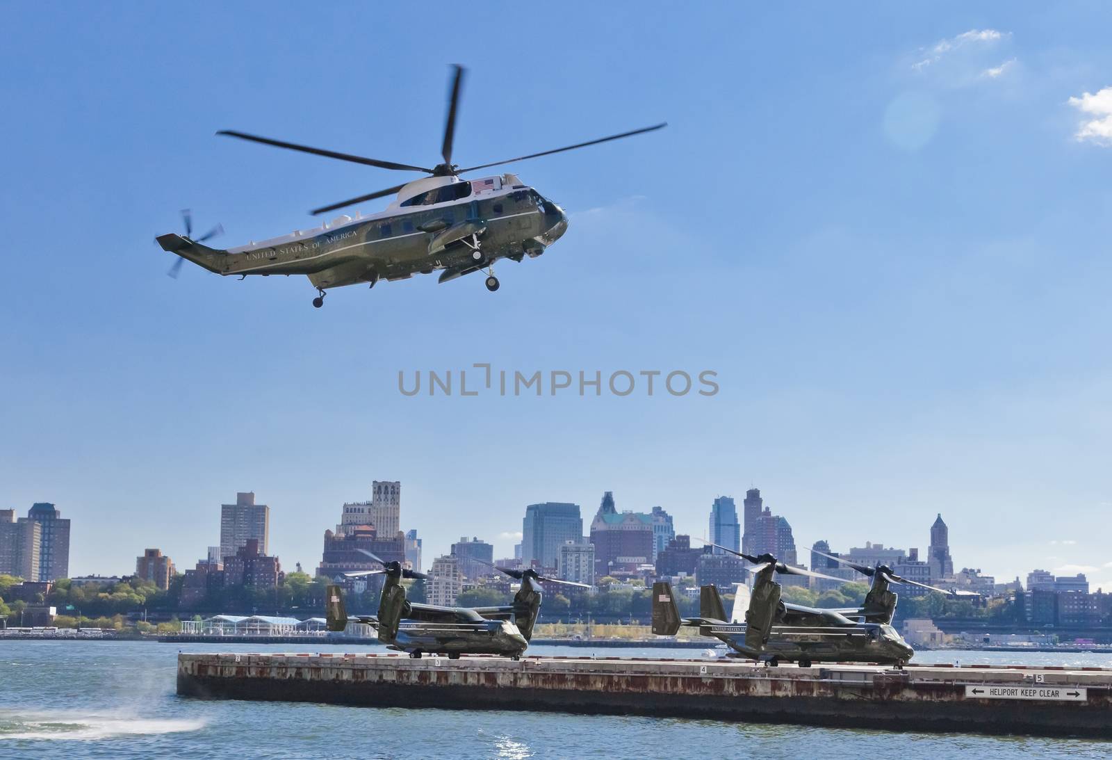 New York City, USA-October 5, 2014: Sikorsky VH-3D and MV-22 Osprey. Marine Helicopter Squadron One (HMX-1), is a squadron responsible for the transportation of the President of the United States, Vice President, Cabinet members and other VIPs
