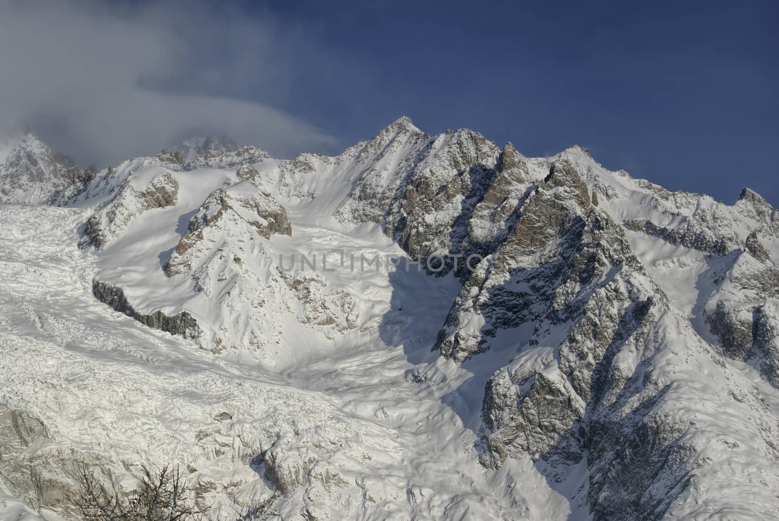 Panoramic view of ragged Mt Blanc mountain wall during winter