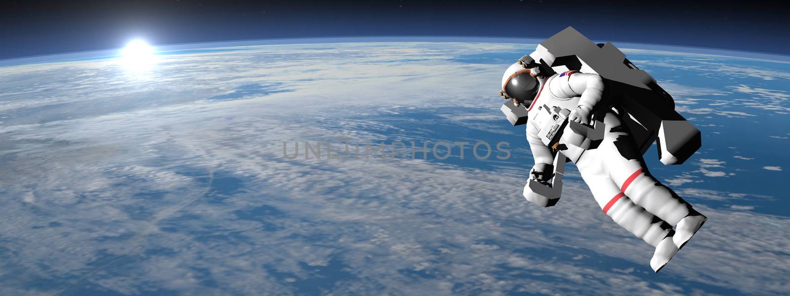 Astronaut or cosmonaut flying upon earth - 3D render by Elenaphotos21