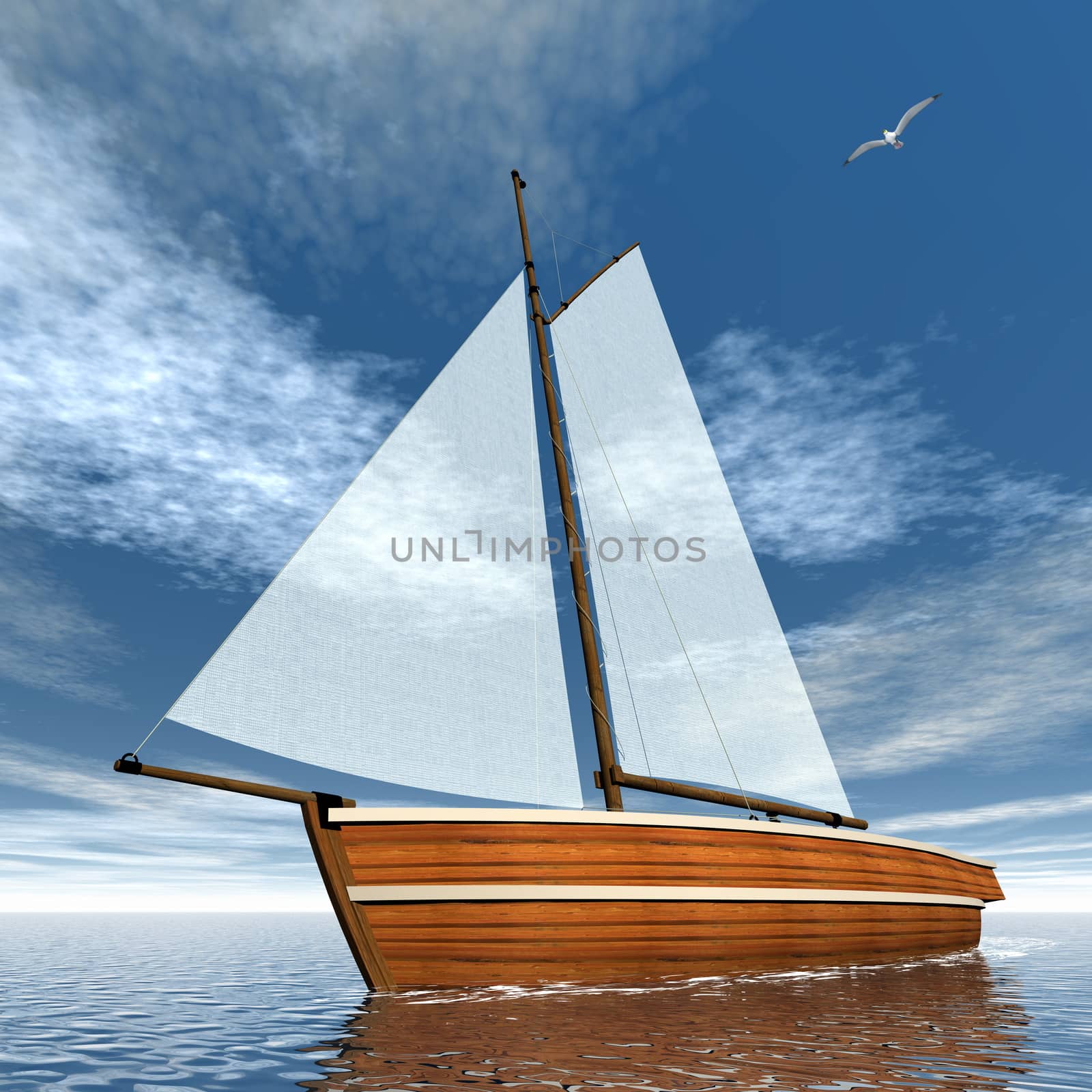 Sailboat floating on the ocean by day -3D render