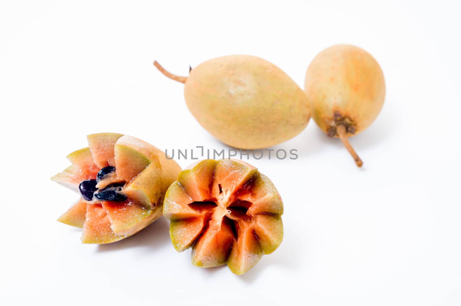 Fresh sapodillas isolated on white background  by pixbox77