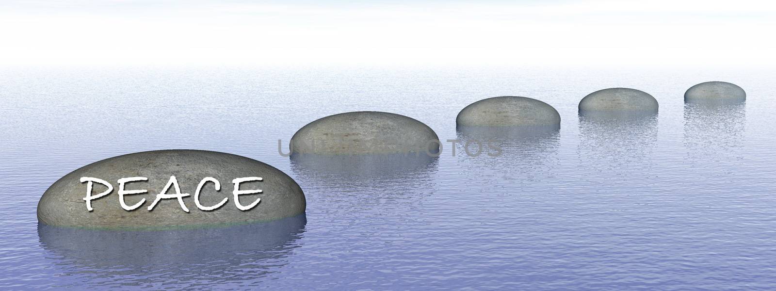 Peace word written on on grey stones, steps upon the ocean - 3D render