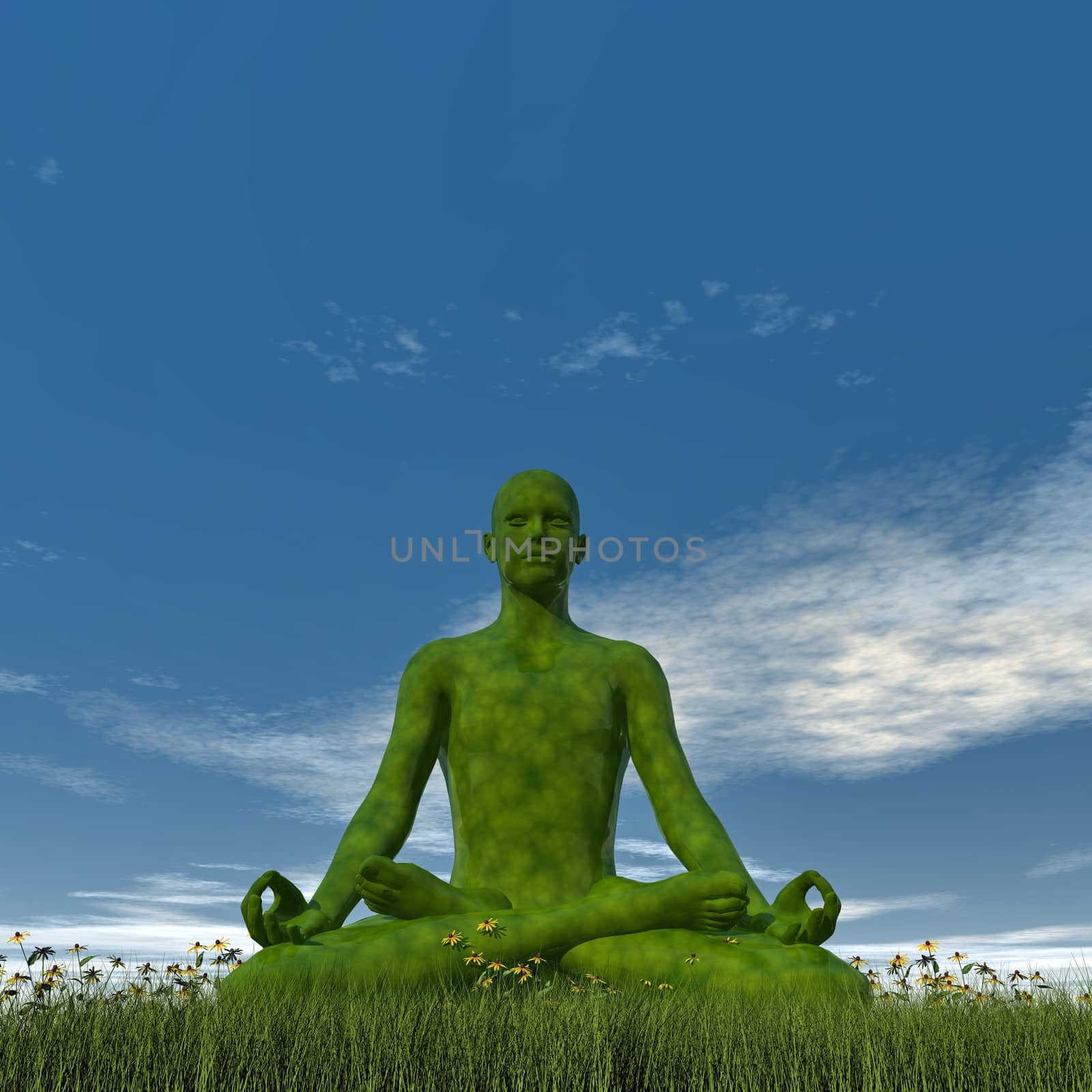 One green human meditating on the grass with flower by day - 3D render