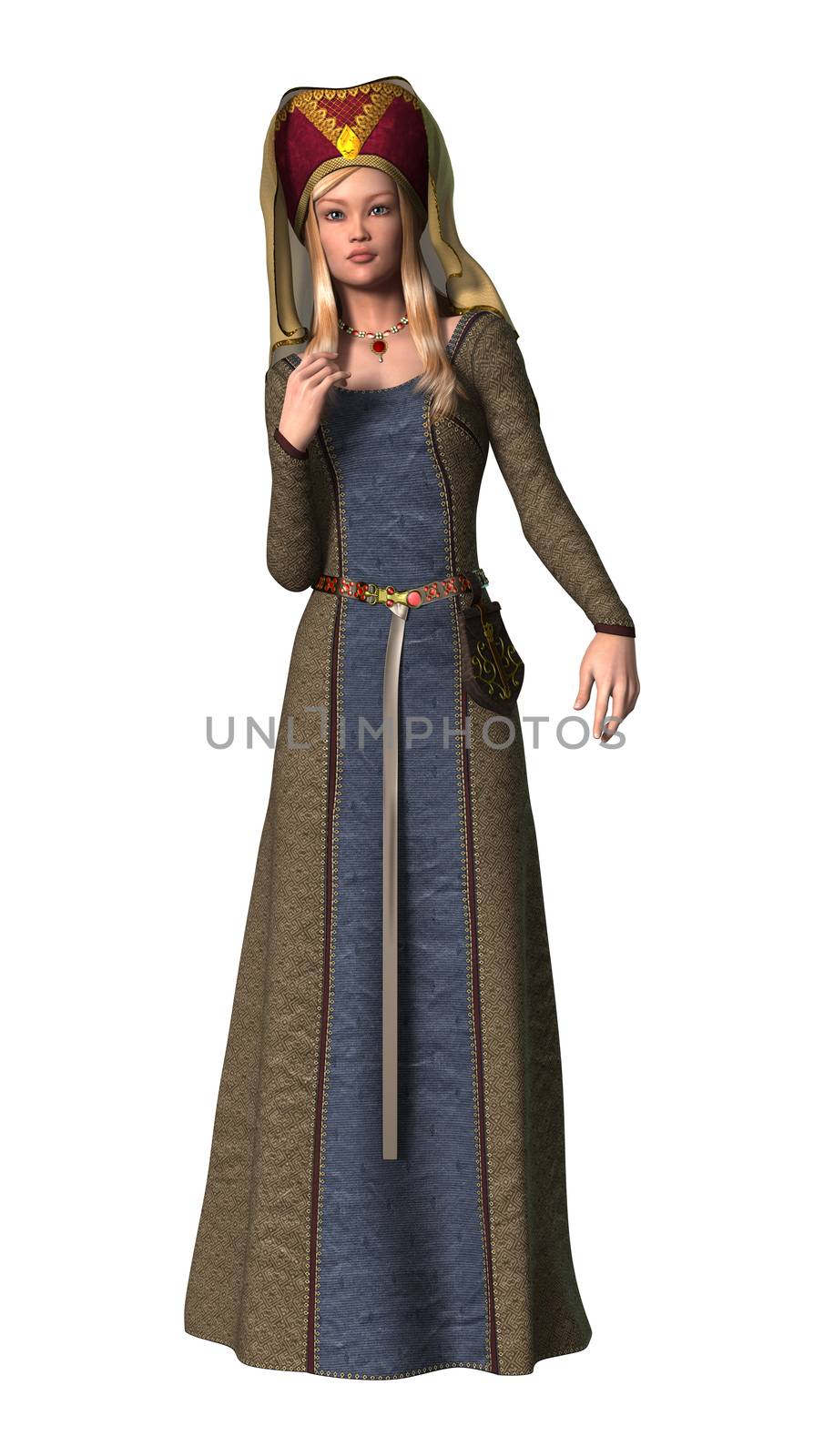 3D digital render of a beautiful blond medieval lady isolated on white background