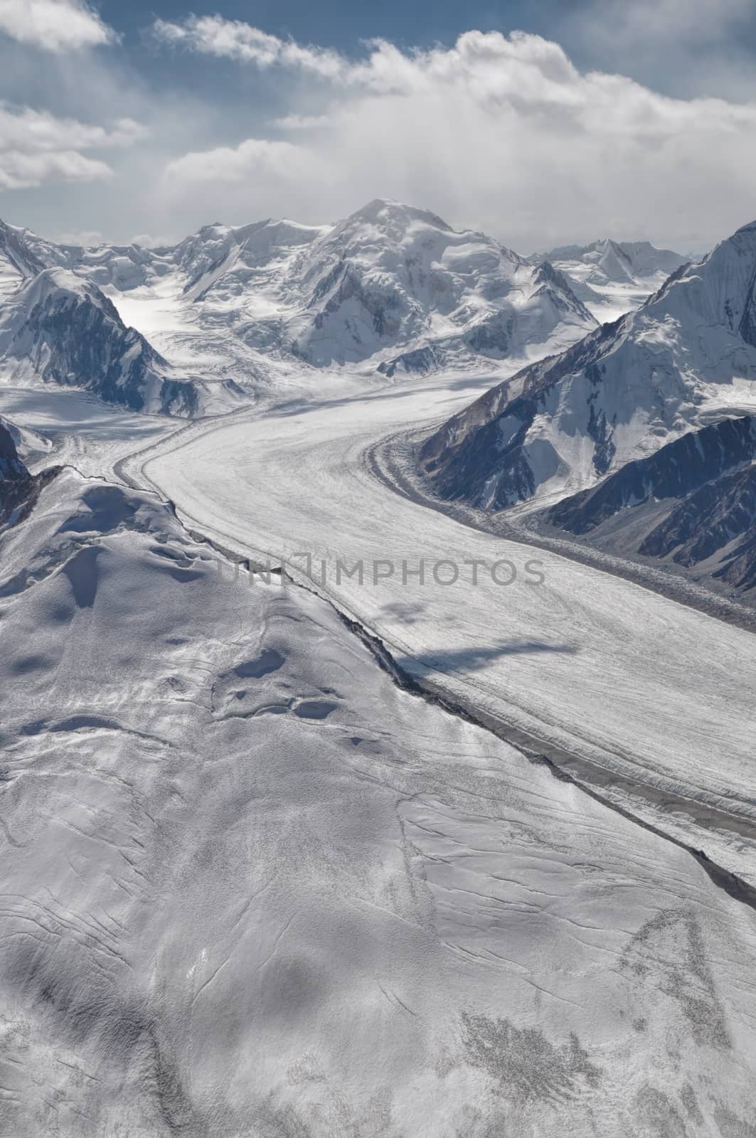 Scenic view of Fedchenko Glacier in Pamir mountains in Tajikistan