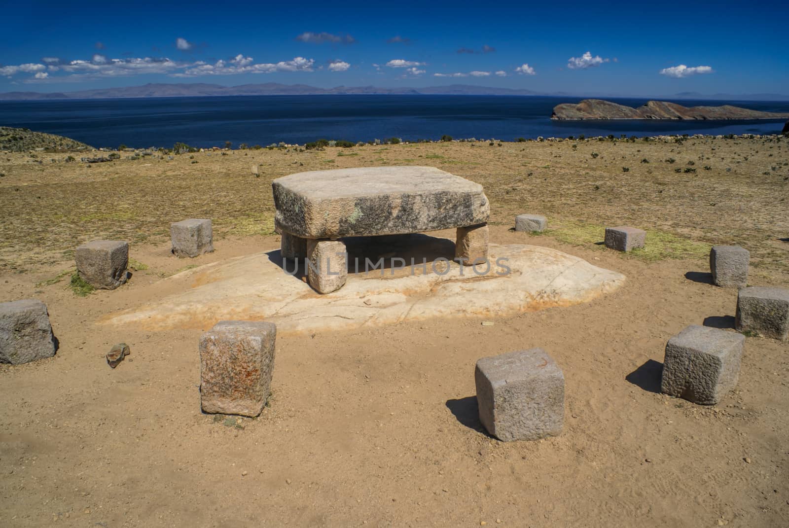 Ancient stones on Isla del Sol, island on lake Titicaca in Bolivia